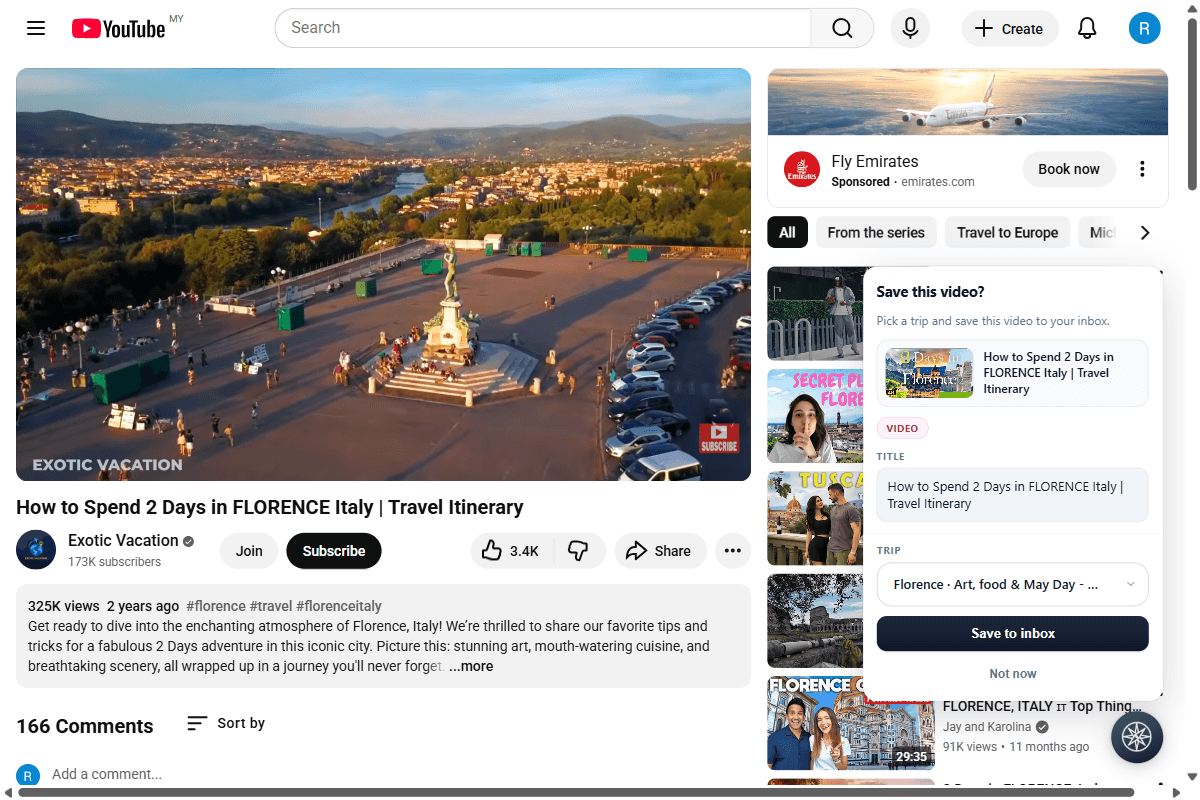 Roamset Chrome extension saving a YouTube travel video to a trip