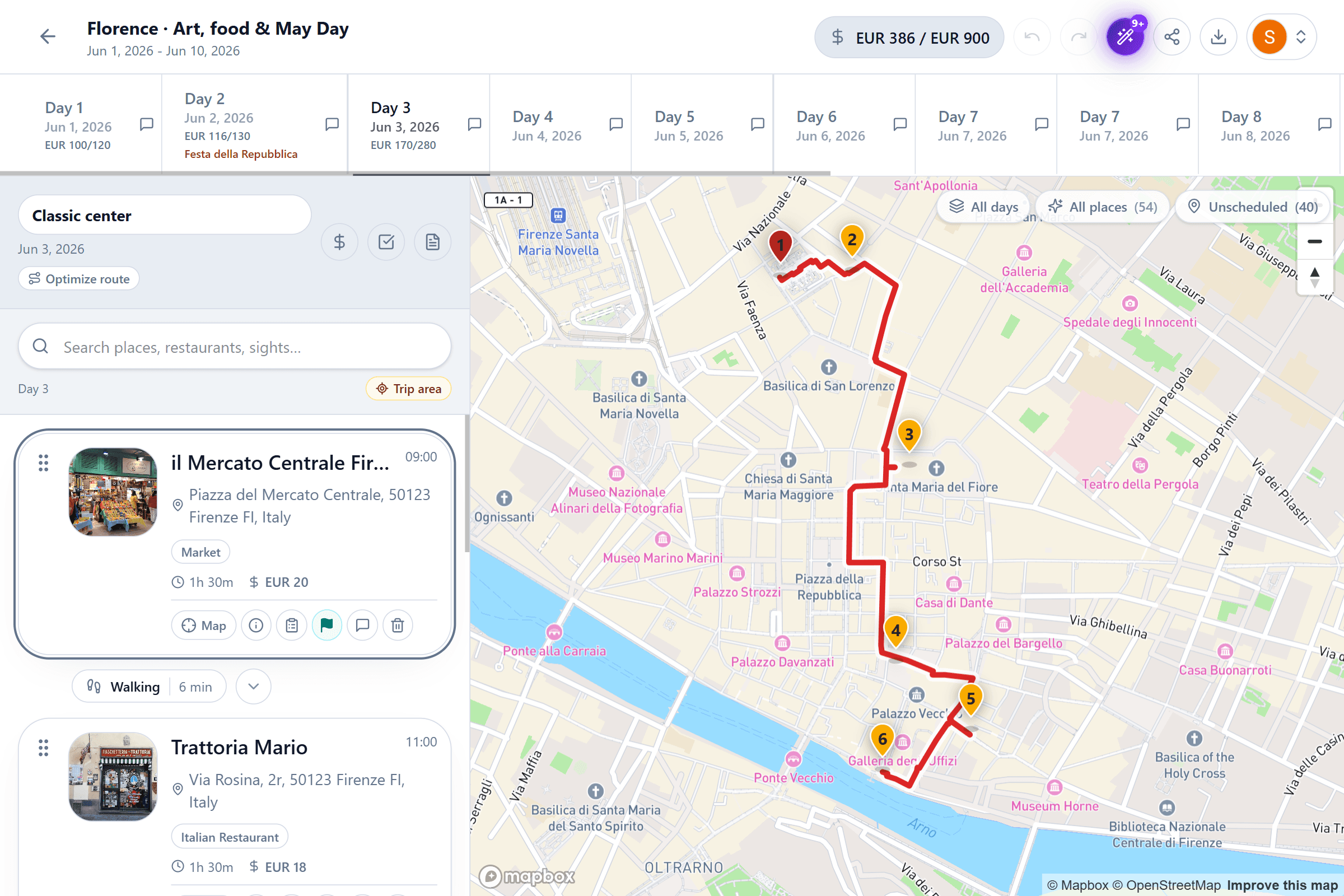 Roamset day planner with itinerary list and map